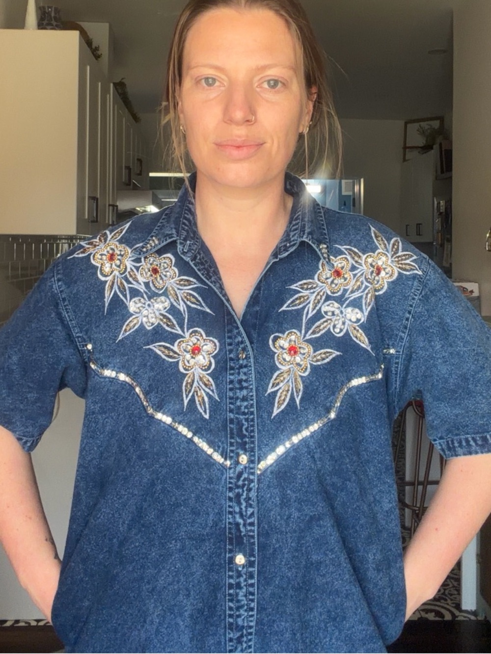 Vintage Dolly Denim Dark Blue Embroidered Denim Midi Dress - Picture 11 of 14